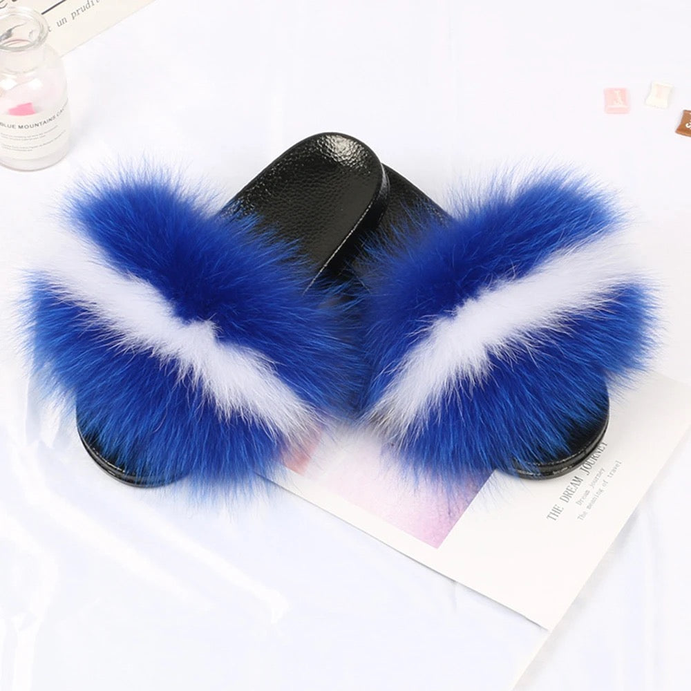 Blue & White Fur Slides