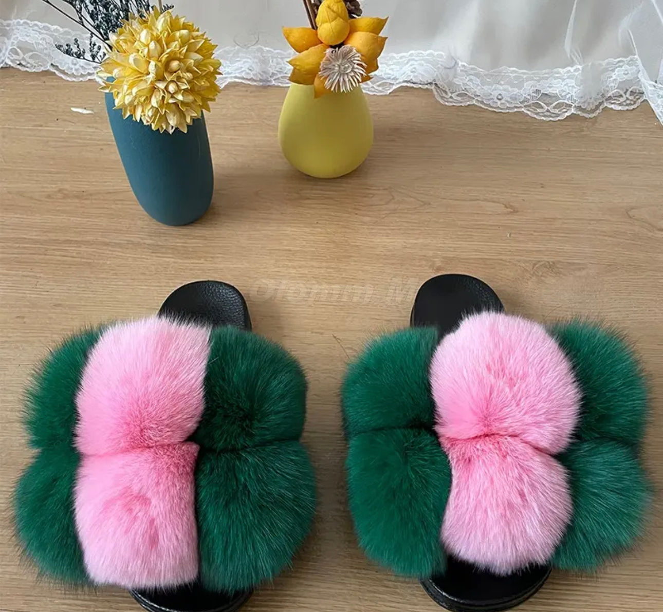 Pink & Green Fur Slides