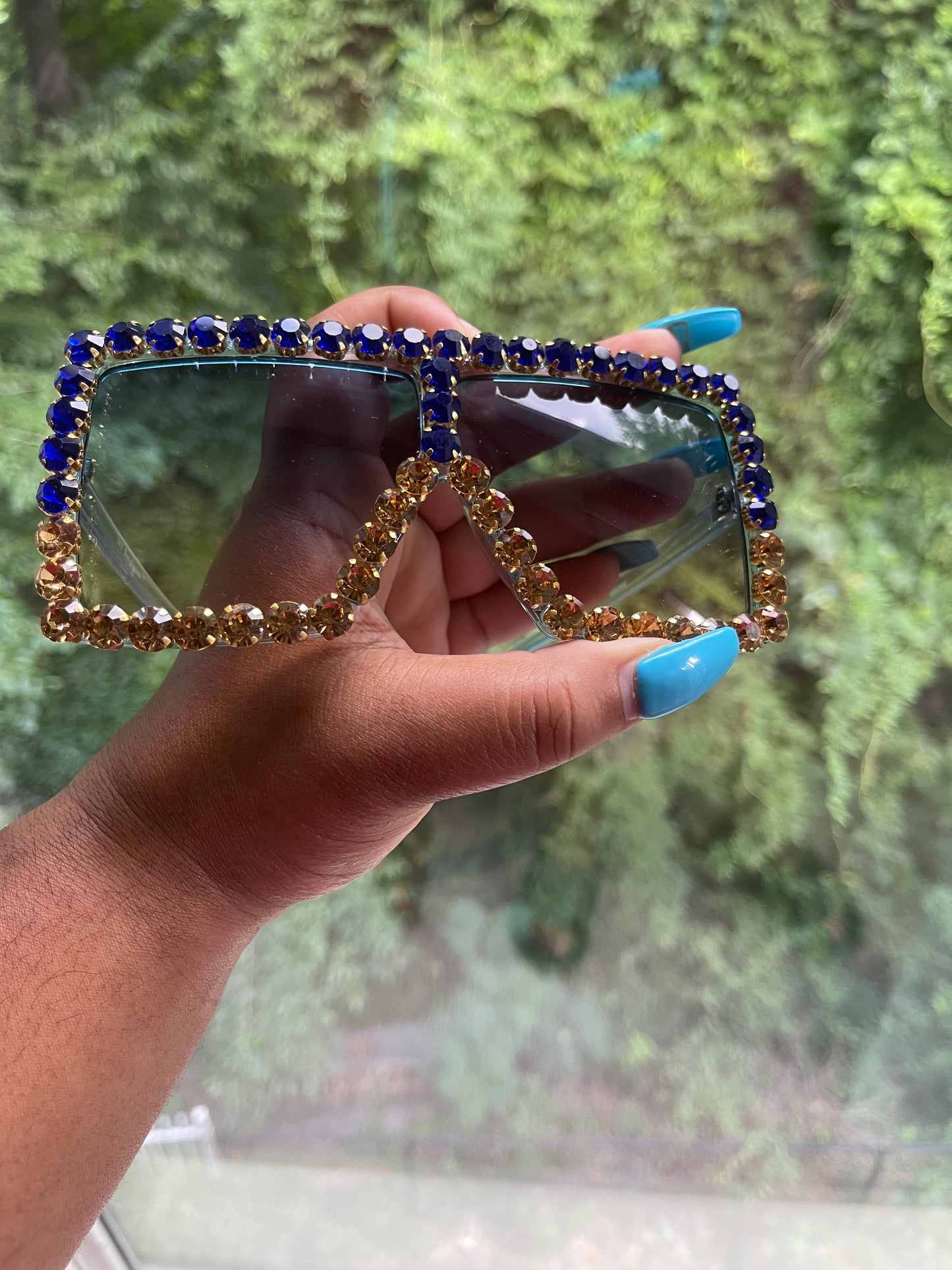 Royal Blue & Gold Luxury Big Rectangle Studded Glasses