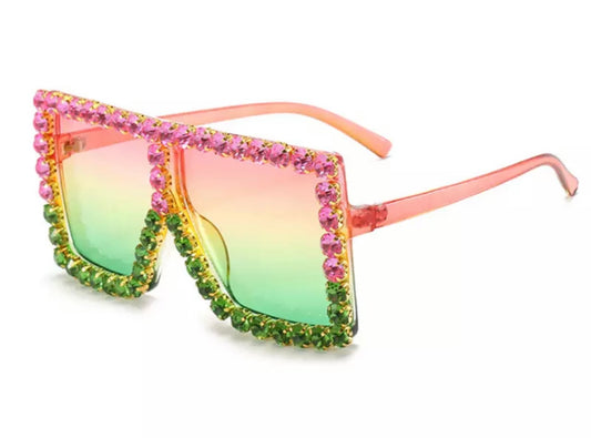 Pink & Green Luxury Big Rectangle Studded Glasses