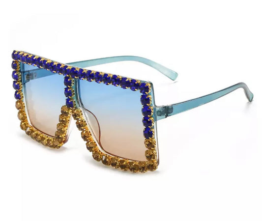 Royal Blue & Gold Luxury Big Rectangle Studded Glasses