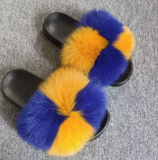 Royal Blue & Gold Fluffy Fur Sandals/ Slides